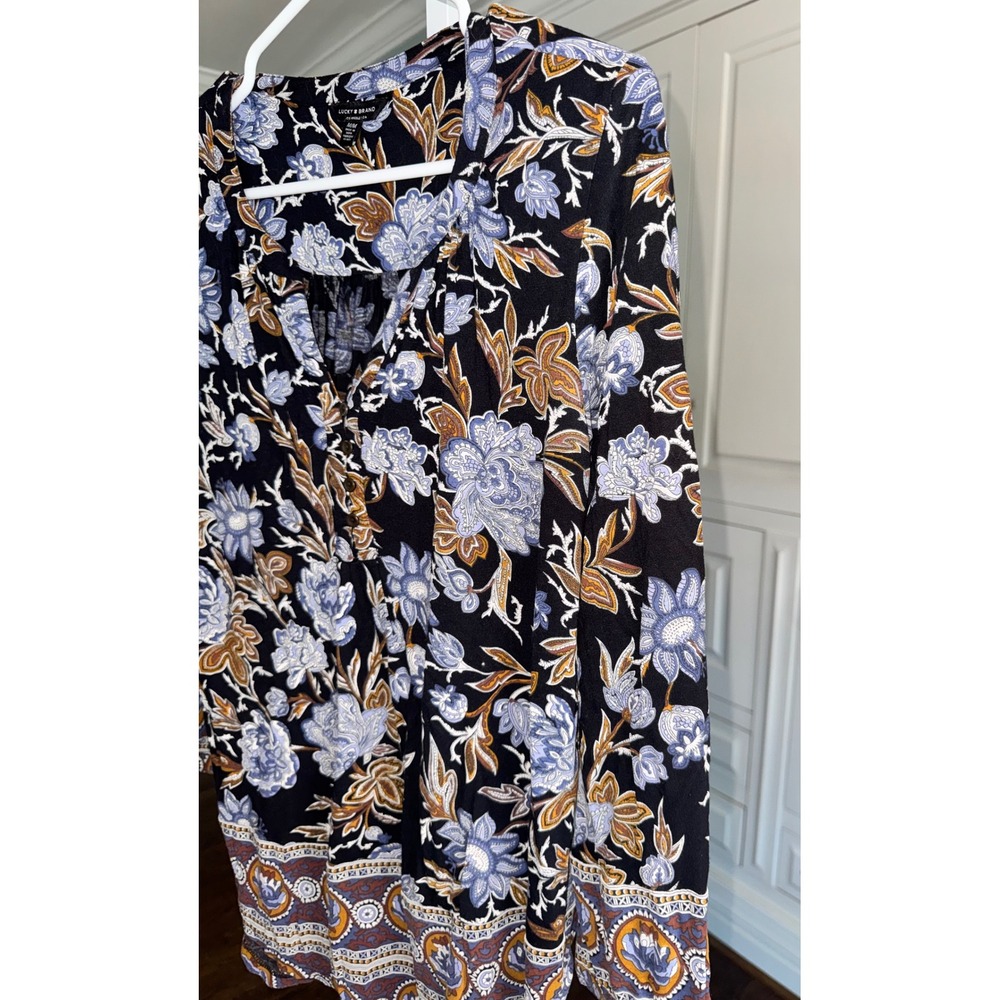 Lucky Brand Women Black Blue Floral Boho Viscose Split Neck Blouse Medium - Picture 5 of 8